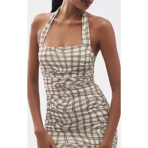 AFRM Bonnie Dress Mesh Ruched Plaid Checkered Halter Mini Bodycon NWT Medium Y2K - Picture 3 of 10